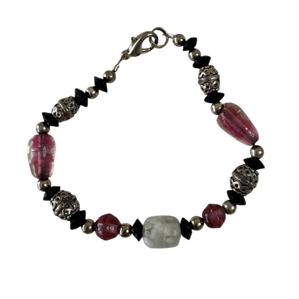 Artisan Beaded Bracelet Purple Black Silver Tone Glass Crystal Boho Jewelry Y2K